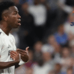 Vinícius Jr. merayakan gol untuk Real Madrid dalam pertandingan Liga Champions 2025