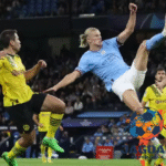 Erling Haaland mencetak gol salto untuk Manchester City melawan Borussia Dortmund di pertandingan Liga Champions