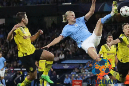 Erling Haaland mencetak gol salto untuk Manchester City melawan Borussia Dortmund di pertandingan Liga Champions