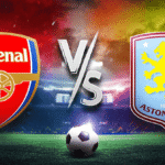 Gambar prediksi pertandingan Arsenal melawan Aston Villa di Premier League 2025, logo Arsenal merah dan Aston Villa biru dengan bola sepak di Emirates Stadium pada 30 Desember