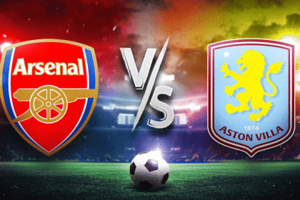 Gambar prediksi pertandingan Arsenal melawan Aston Villa di Premier League 2025, logo Arsenal merah dan Aston Villa biru dengan bola sepak di Emirates Stadium pada 30 Desember