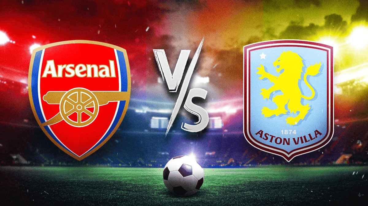 Gambar prediksi pertandingan Arsenal melawan Aston Villa di Premier League 2025, logo Arsenal merah dan Aston Villa biru dengan bola sepak di Emirates Stadium pada 30 Desember