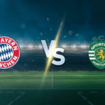 Logo Bayern München dan Sporting CP saling berhadapan di tengah stadion untuk pertandingan sepak bola.