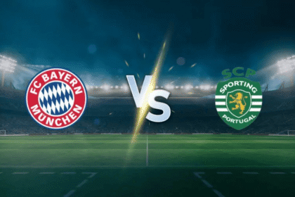 Logo Bayern München dan Sporting CP saling berhadapan di tengah stadion untuk pertandingan sepak bola.