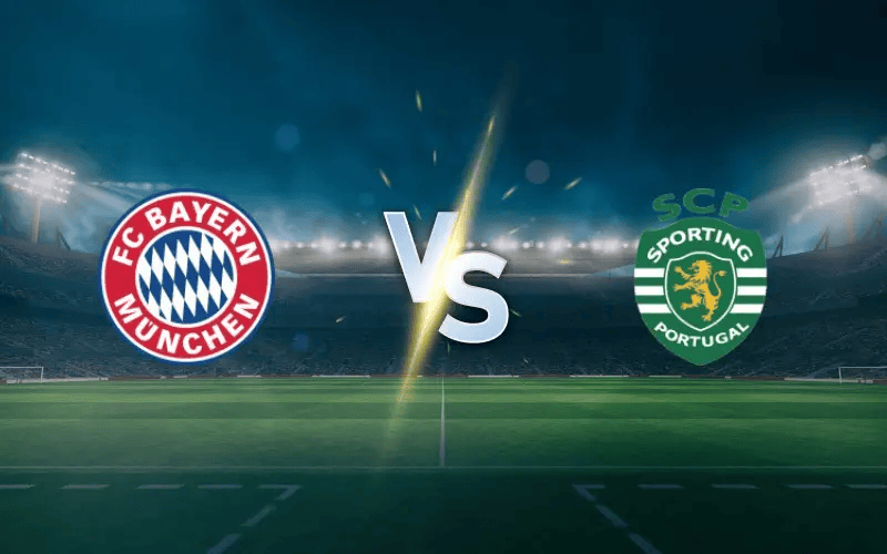 Logo Bayern München dan Sporting CP saling berhadapan di tengah stadion untuk pertandingan sepak bola.