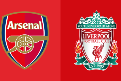 Arsenal FC vs Liverpool FC badges: Ikon rivalitas klasik Premier League dengan logo Arsenal merah-putih dan Liverpool merah-emas