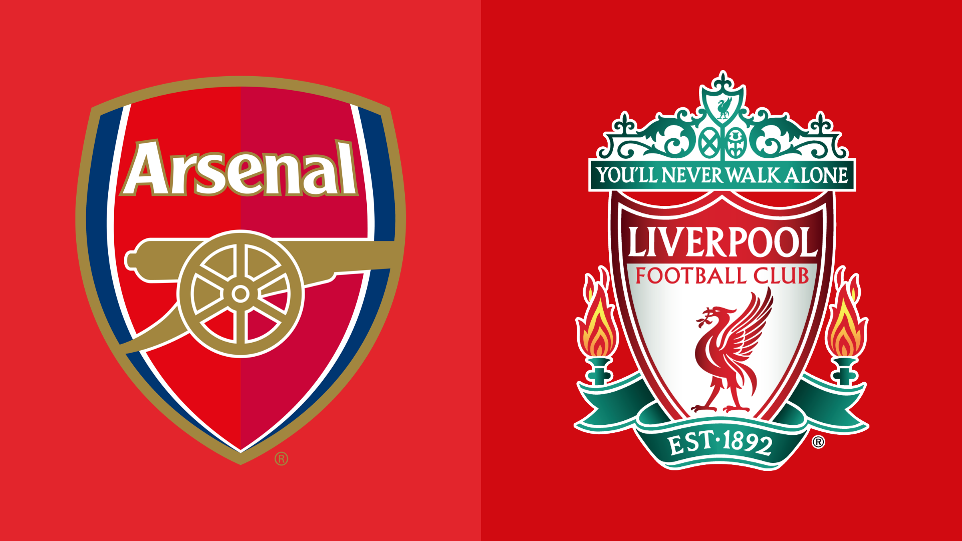 Arsenal FC vs Liverpool FC badges: Ikon rivalitas klasik Premier League dengan logo Arsenal merah-putih dan Liverpool merah-emas