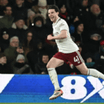 Declan Rice merayakan gol saat membela Arsenal dalam pertandingan Liga Inggris