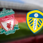 Logo Liverpool dan Leeds United pada grafis pertandingan Liga Inggris dengan latar Stadion Anfield